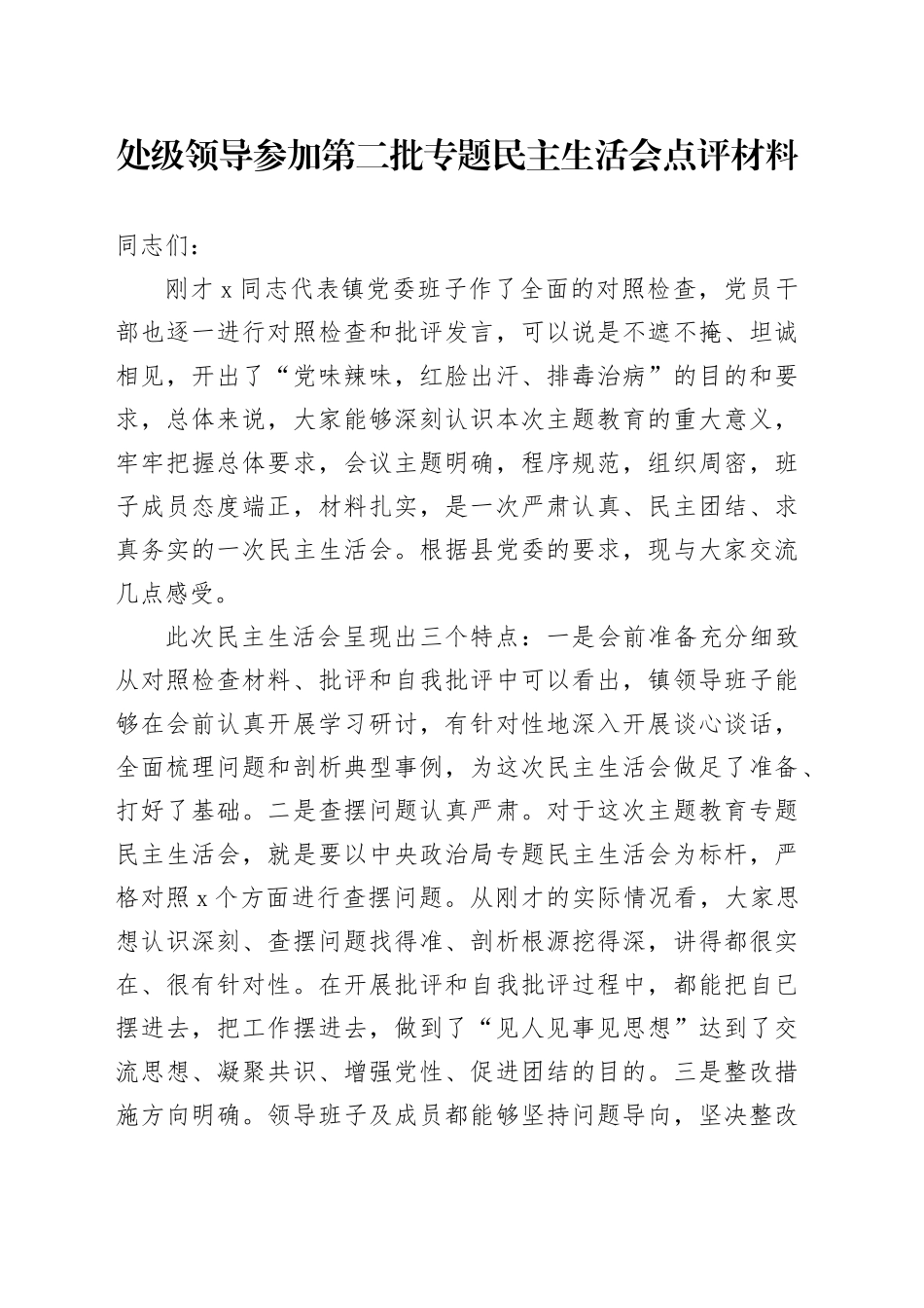 处级领导参加第二批专题民主生活会点评材料_第1页