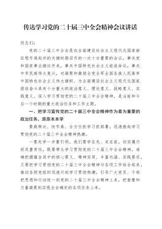传达学习党的二十届三中全会精神会议讲话20240724