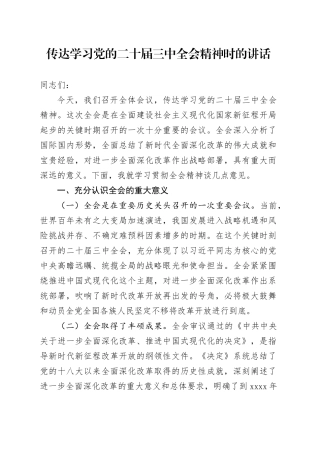 传达学习党的二十届三中全会精神时的讲话