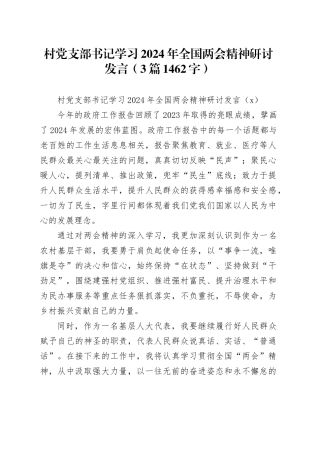 村党支部书记学习2024年全国两会精神研讨发言3篇