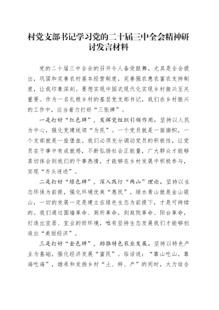 村党支部书记学习党的二十届三中全会精神研讨发言材料心得体会20240722
