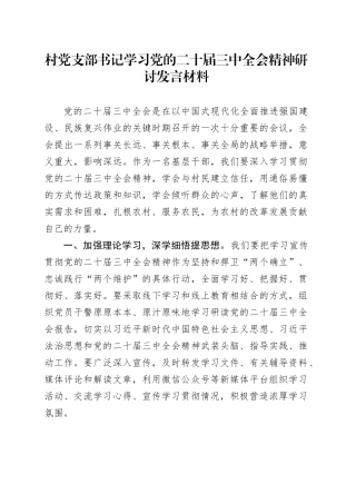 村党支部书记学习党的二十届三中全会精神研讨发言材料心得体会20241011