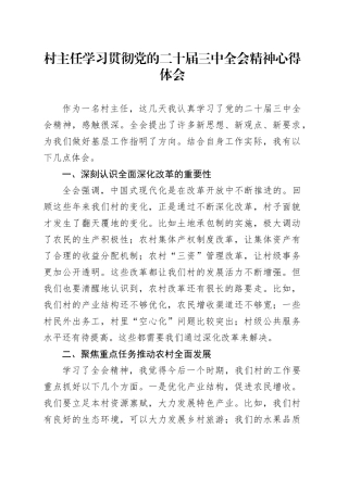 村主任学习贯彻党的二十届三中全会精神心得体会