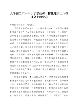 大学在全市大中小学思政课一体化建设工作推进会上的发言