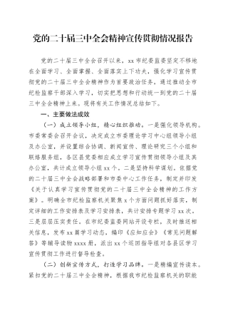 党的二十届三中全会精神宣传贯彻情况报告
