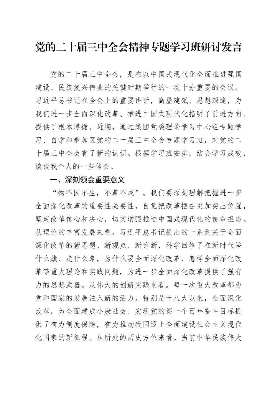 党的二十届三中全会精神专题学习班研讨发言_第1页