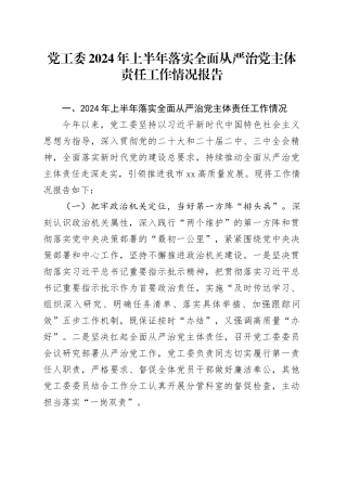 党工委2024年上半年落实全面从严治党主体责任工作情况报告