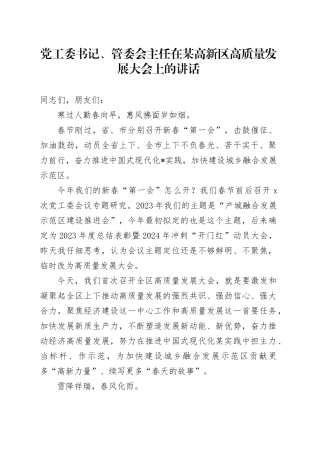 党工委书记、管委会主任在某高新区高质量发展大会上的讲话