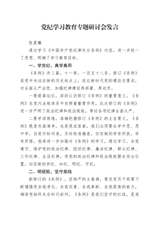 党纪学习教育专题研讨会发言