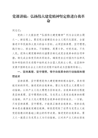党课：弘扬伟大建党精神 坚定推进自我革命