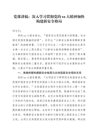 党课：深入学习贯彻党的二十大精神加快构建新安全格局