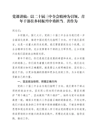 党课：以二十届三中全会精神为引领，青年干部在乡村振兴中勇担当、善作为