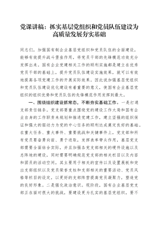 党课：抓实基层党组织和党员队伍建设 为高质量发展夯实基础（国企公司）