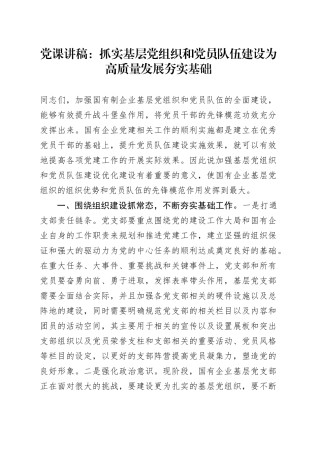 党课：抓实基层党组织和党员队伍建设 为高质量发展夯实基础
