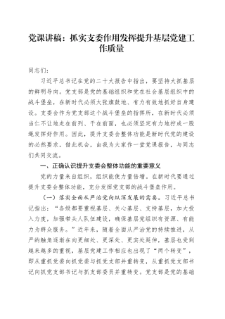 党课：抓实支委作用发挥 提升基层党建工作质量