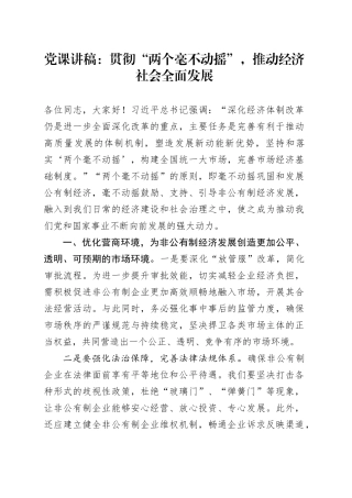 党课讲稿：贯彻“两个毫不动摇”，推动经济社会全面发展