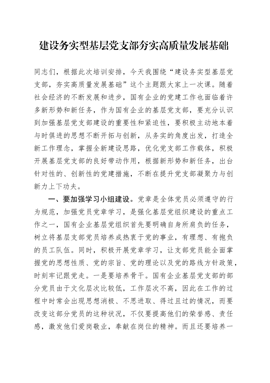 党课讲稿：建设务实型基层党支部 夯实高质量发展基础_第1页