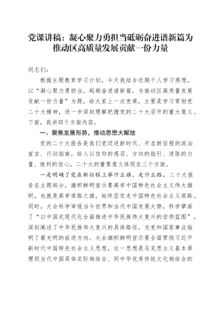 党课讲稿：凝心聚力勇担当  砥砺奋进谱新篇  为推动区高质量发展贡献一份力量