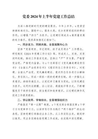 党委2024年上半年党建工作总结汇报报告20240710