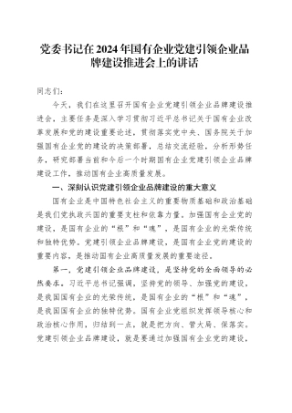 党委书记在2024年国有企业党建引领企业品牌建设推进会上的讲话