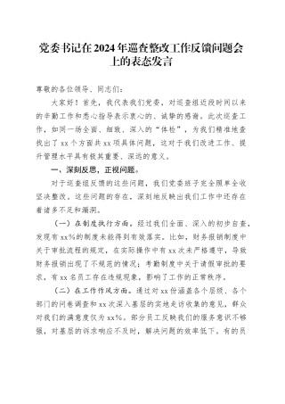 党委书记在2024年巡查整改工作反馈问题会上的表态发言