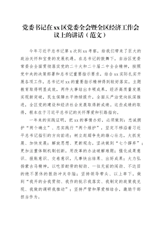 党委书记在xx区党委全会暨全区经济工作会议上的讲话（范文）