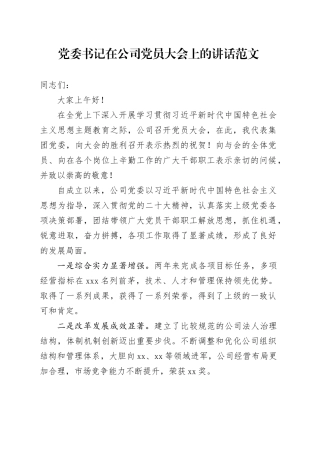 党委书记在公司党员大会上的讲话20240202