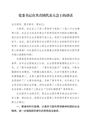 党委书记在共青团代表大会上的讲话