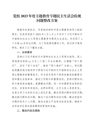 党组2023年度主题教育专题民主生活会检视问题整改方案