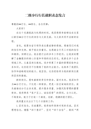 二级分行行长就职表态发言（银行）