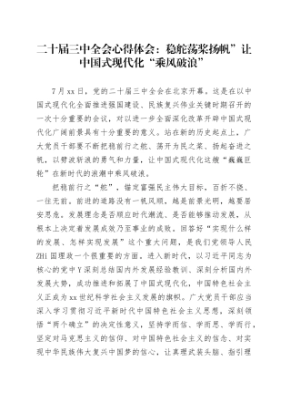 二十届三中全会心得体会：稳舵荡桨扬帆”让中国式现代化“乘风破浪”
