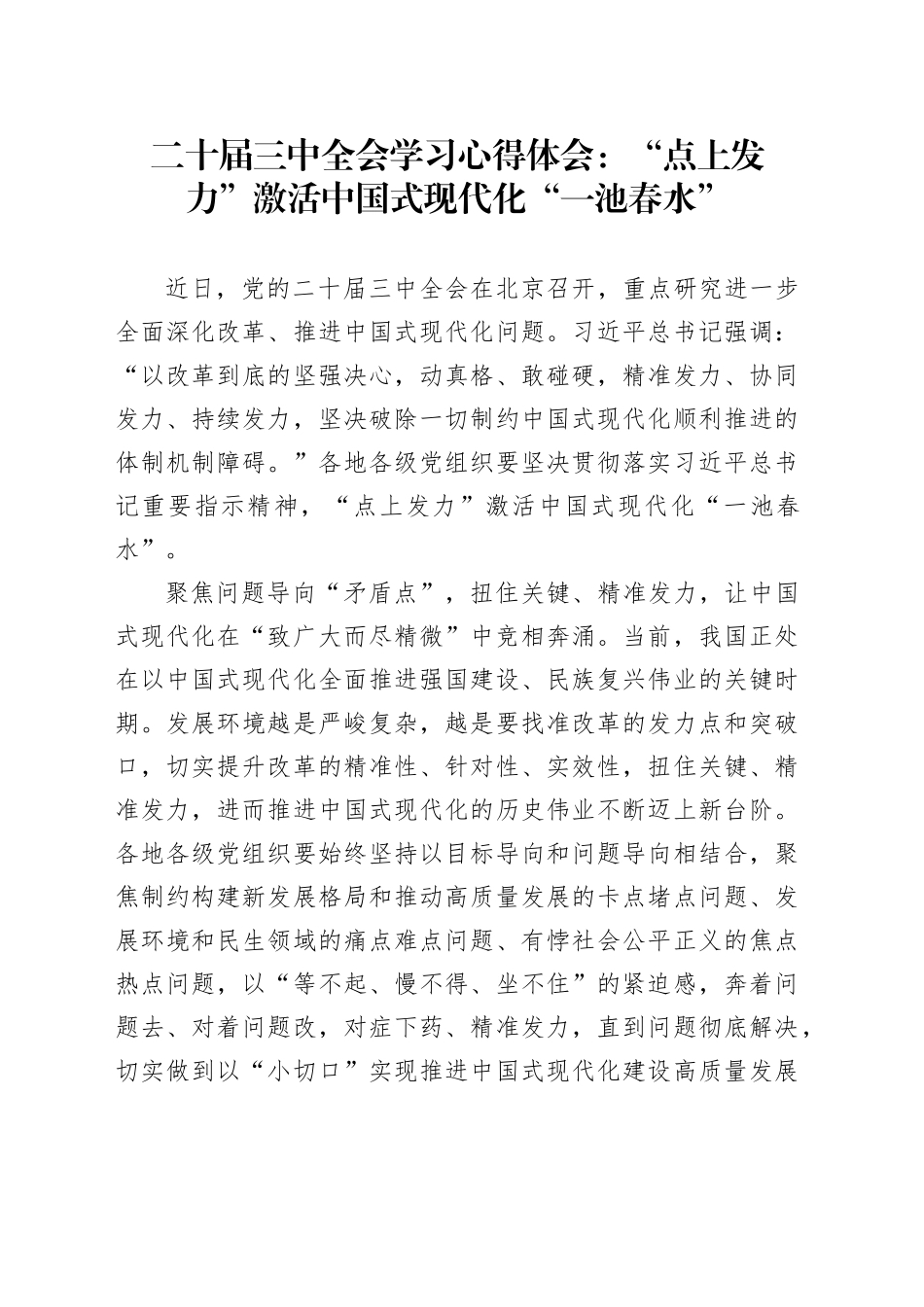 二十届三中全会学习心得体会：“点上发力”激活中国式现代化“一池春水”_第1页