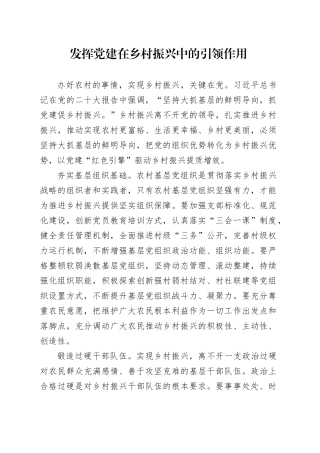 发挥党建在乡村振兴中的引领作用