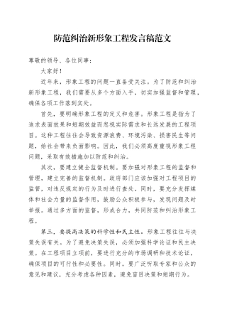防范纠治新形象工程发言稿范文