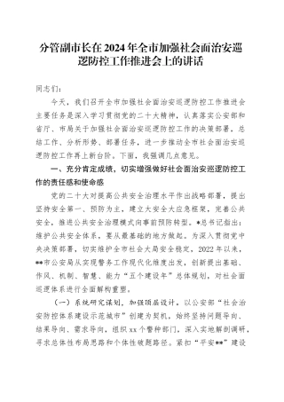 分管副市长在全市加强社会面治安巡逻防控工作推进会上的讲话