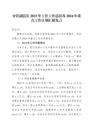 分管副县长2023年工作工作总结及2024年重点工作计划汇报发言