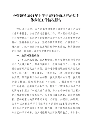 分管领导2024年上半年履行全面从严治党主体责任工作情况报告