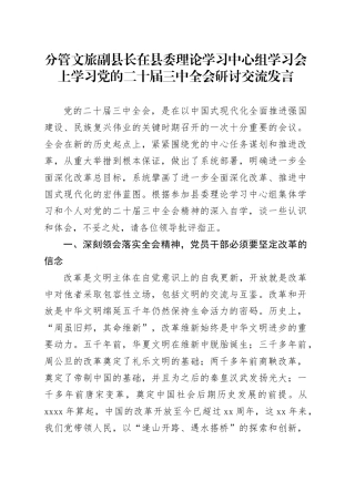分管文旅副县长在县委理论学习中心组学习会上学习党的二十届三中全会研讨交流发言