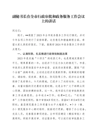 副秘书长在全市行政审批和政务服务工作会议上的讲话