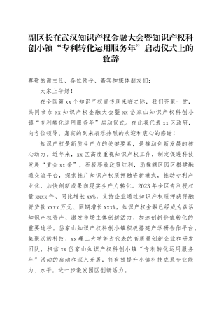 副区长在武汉知识产权金融大会暨知识产权科创小镇“专利转化运用服务年”启动仪式上的致辞