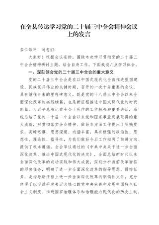 副县长在全县传达学习二十届三中全会精神会议上的发言