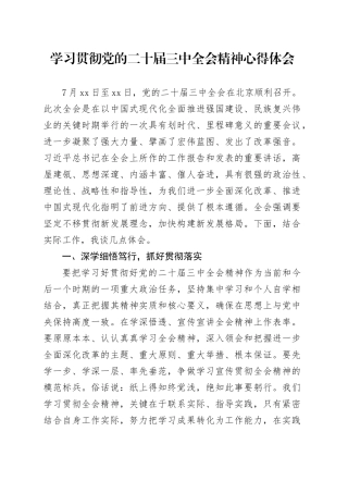 个人学习贯彻党的二十届三中全会精神心得体会研讨发言交流讲话材料20240925