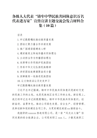 各级人大代表“铸牢中华民族共同体意识万名代表进万家”宣传宣讲主题交流会发言材料合集（10篇）