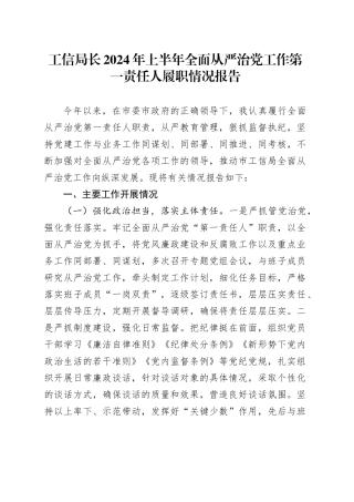 工信局长2024年上半年全面从严治党工作第一责任人履职情况报告