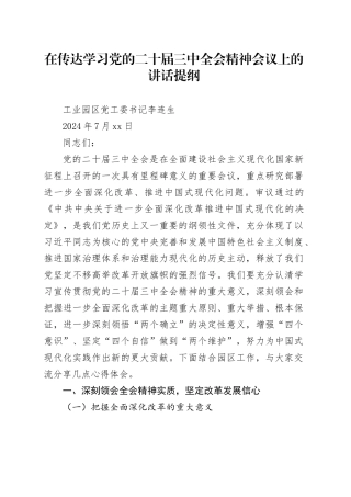 工业园区党工委书记在传达学习党的二十届三中全会精神会议上的发言讲话提纲