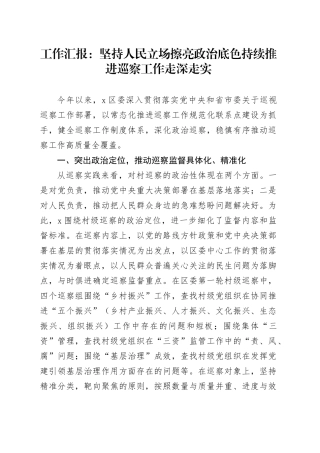 工作汇报：坚持人民立场 擦亮政治底色 持续推进巡察工作走深走实