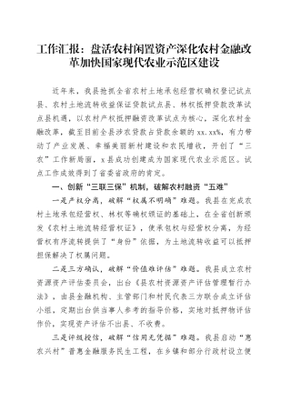 工作汇报：盘活农村闲置资产 深化农村金融改革 加快国家现代农业示范区建设