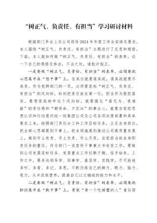 公司“树正气、负责任、有担当”学习研讨发言