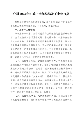 公司2024年纪委上半年总结及下半年打算