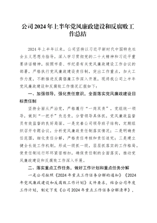 公司2024年上半年党风廉政建设和反腐败工作总结